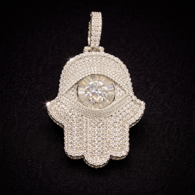 925 Sterling Silver Moissanite Iced Hamsa Pendant
