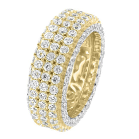 3 Row Sterling Silver Men's Fully Icy Solitaire 14k Gold Finish Eternity Wedding Ring Band